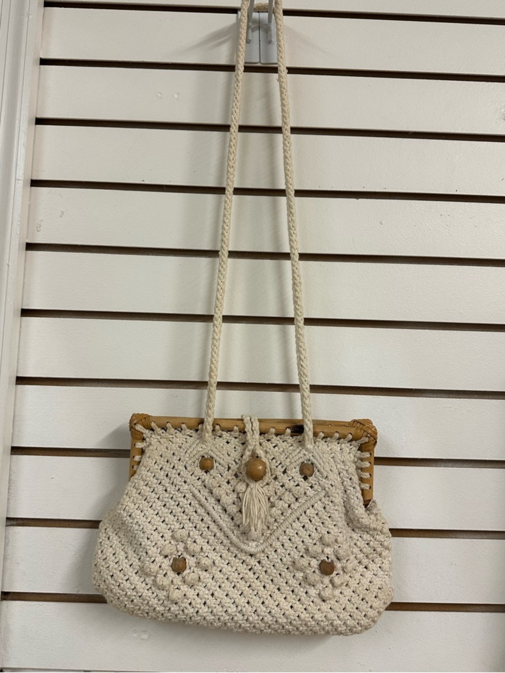 Cream Macramé Crossbody Bag with Wooden Accents